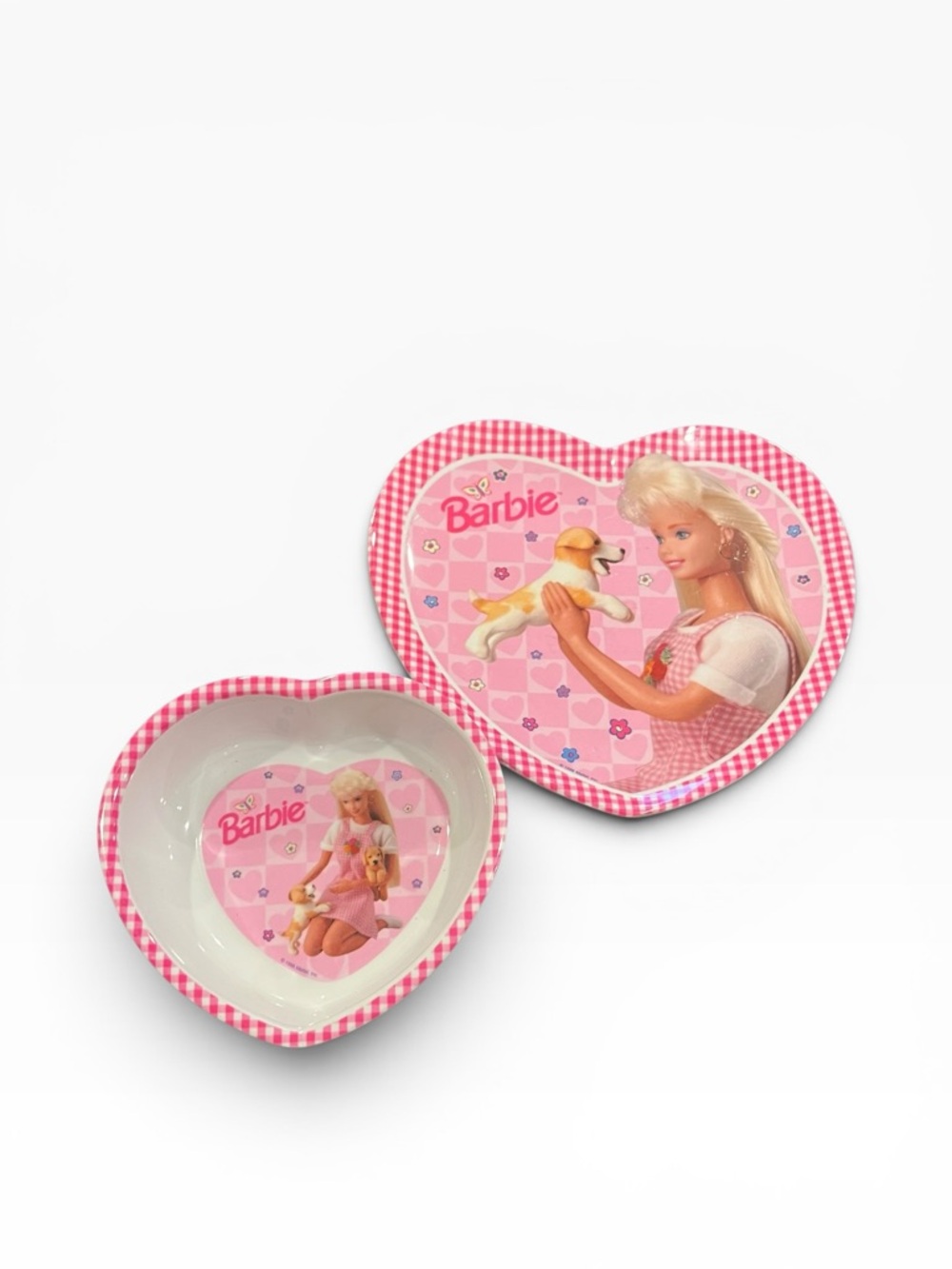 Vintage y2k 90s Barbie plate bowl heart shaped set lot puppy retro
